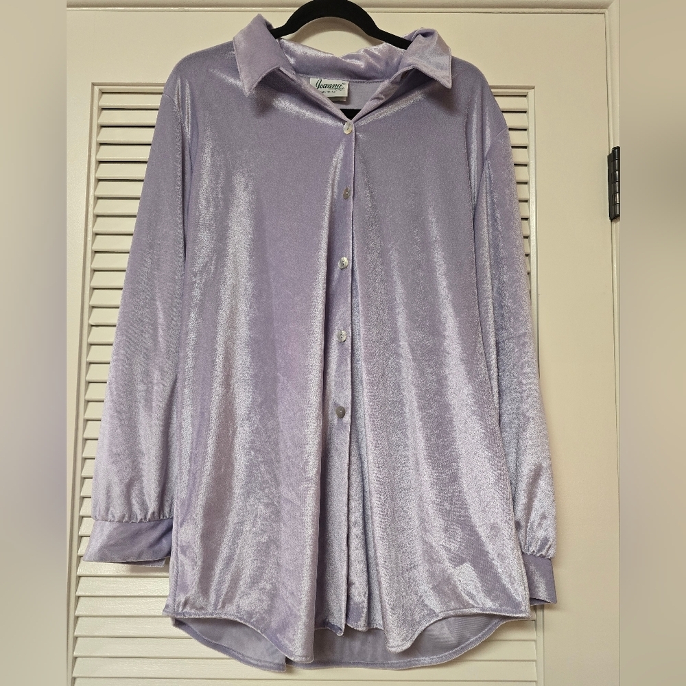 Joanna - (Plus-Size) Vintage Shiny Purple Velour Long-Sleeve Button Top